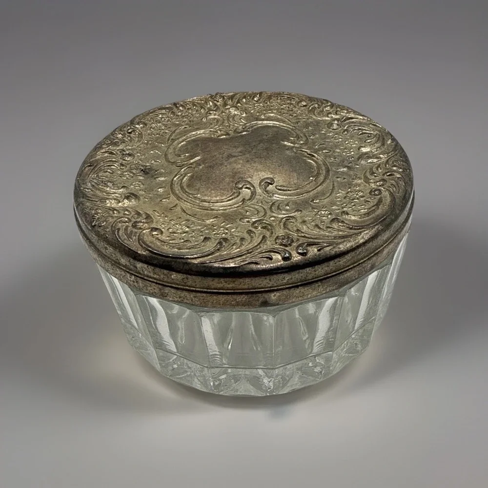 VINTAGE  CRYSTAL POWDER JAR w SILVER LID Vanity Dresser w Mirror